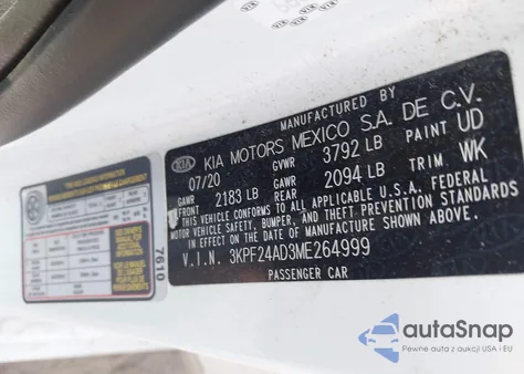 2021 Kia Forte Lxs из США, поврежденный, VIN 3KPF24AD3ME264999